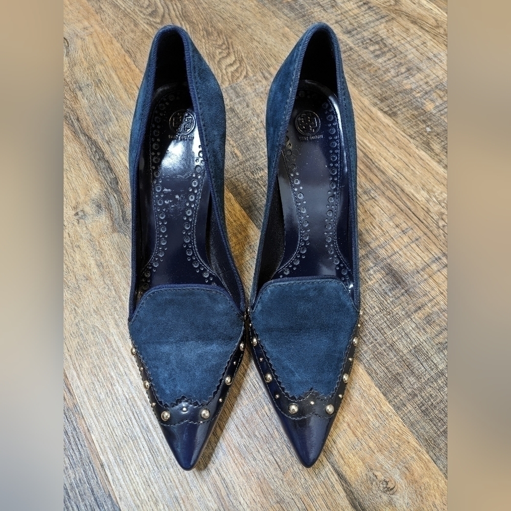 TORY Burch studded blue suede hell shoes pointed toe
